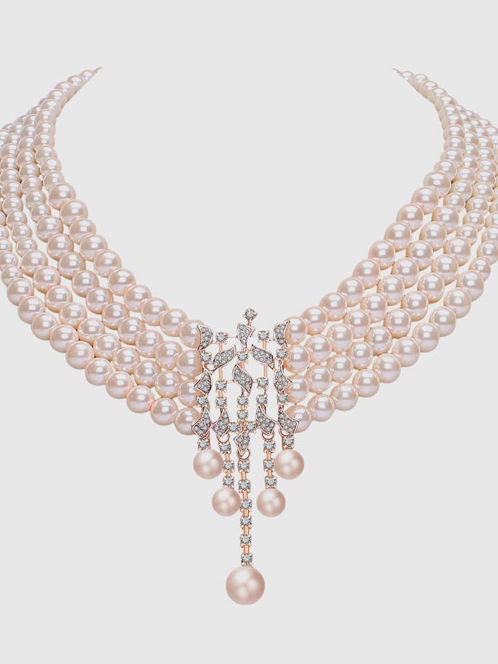 1920s Rhinestone Studded Multi-layer Pearl Necklace for wholesale by BABEYOND