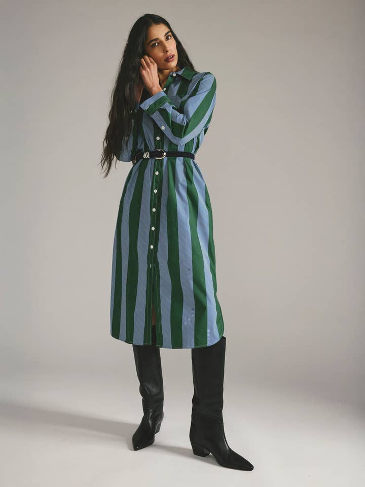 Odeon Stretch Poplin Shirtdress - Green/Blue Directional Stripe for wholesale by Universal Standard