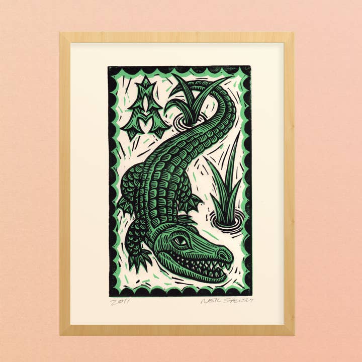Alligator Letter A Linocut Art Print for wholesale by Horse & Hare