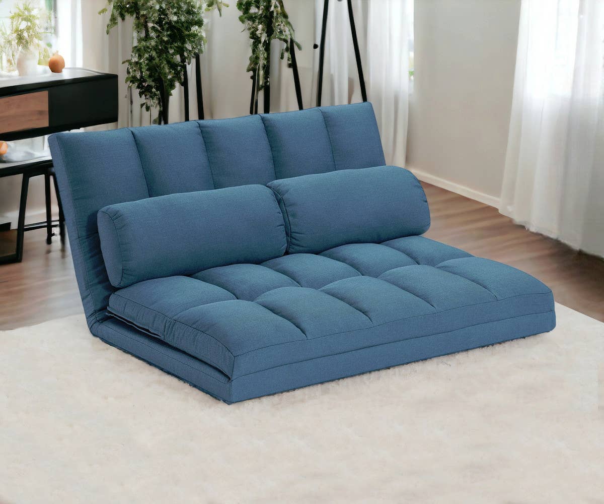 HomeRoots - Wholesale Sofa - 45" Blue Futon Convertible Sleeper Loveseat and Toss Pillows0