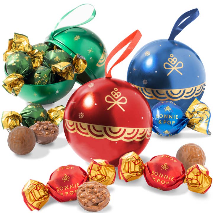 Christmas Gift- Festive Ornament Tins Filled with Gourmet Chocolate Bon Bons- Set of 3 for wholesale by Bonnie & Pop