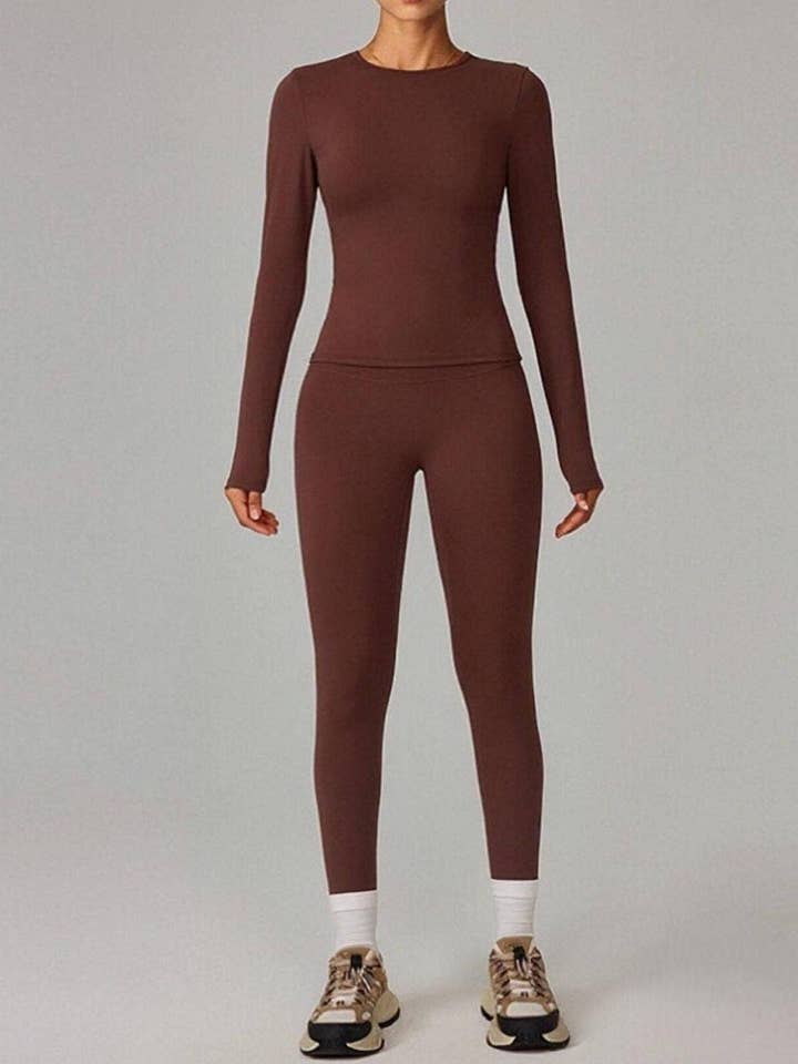 Round Neck Slim Yoga Long Sleeve Top & Pants Set(C) for wholesale by BELLISSIMA FASHION