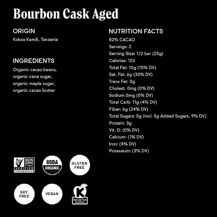 Raaka Chocolate - Venta al por mayor Chocolate - Barra de chocolate envejecido con barrica de Bourbon 82%