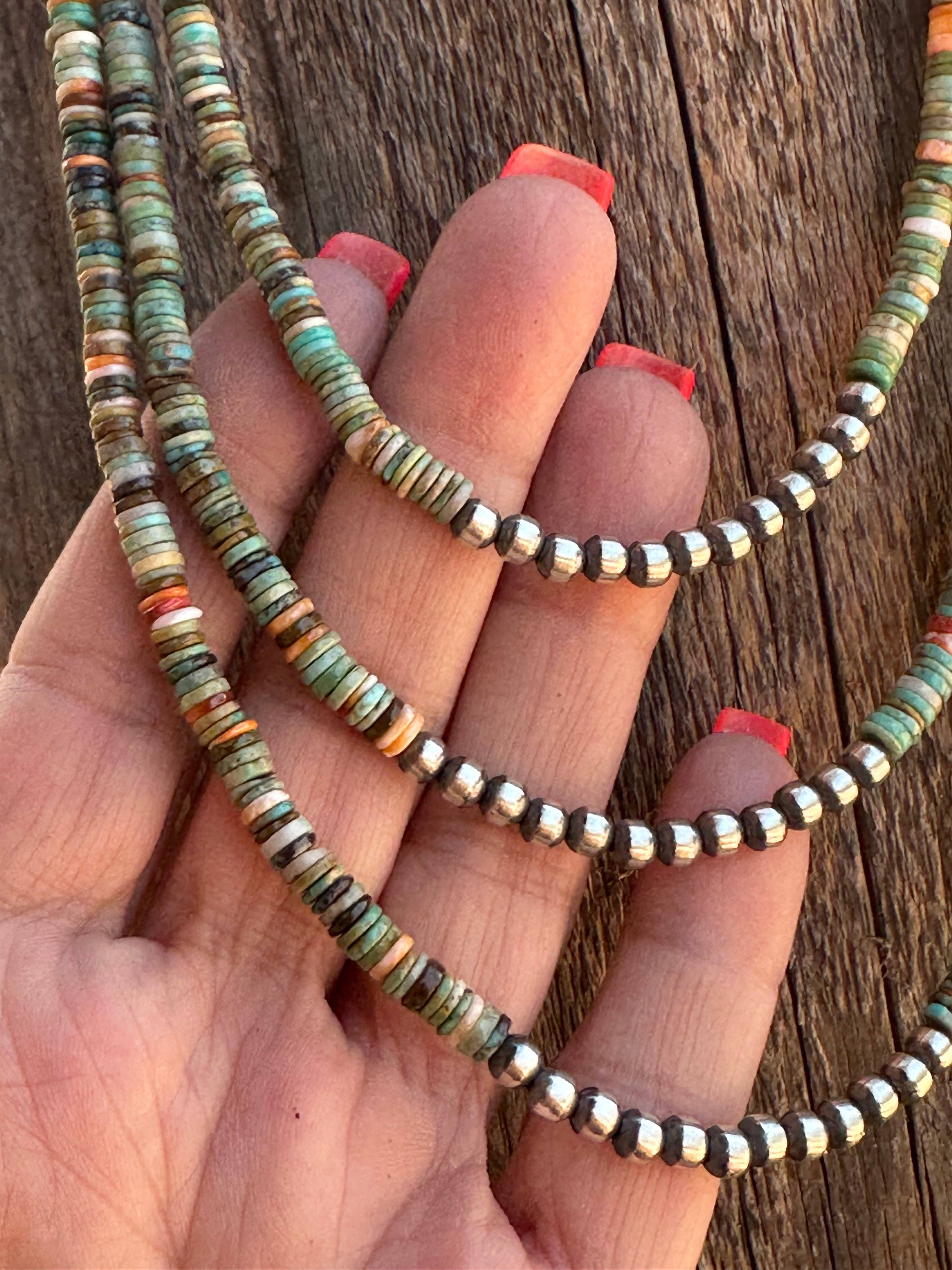 Nizhonitradersllc - Wholesale Beaded/Pearl Necklace - Navajo Kingman Turquoise & Spiny Sterling Silver 5mm Beaded Necklace3