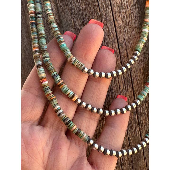 Nizhonitradersllc - Wholesale Beaded/Pearl Necklace - Navajo Kingman Turquoise & Spiny Sterling Silver 5mm Beaded Necklace3