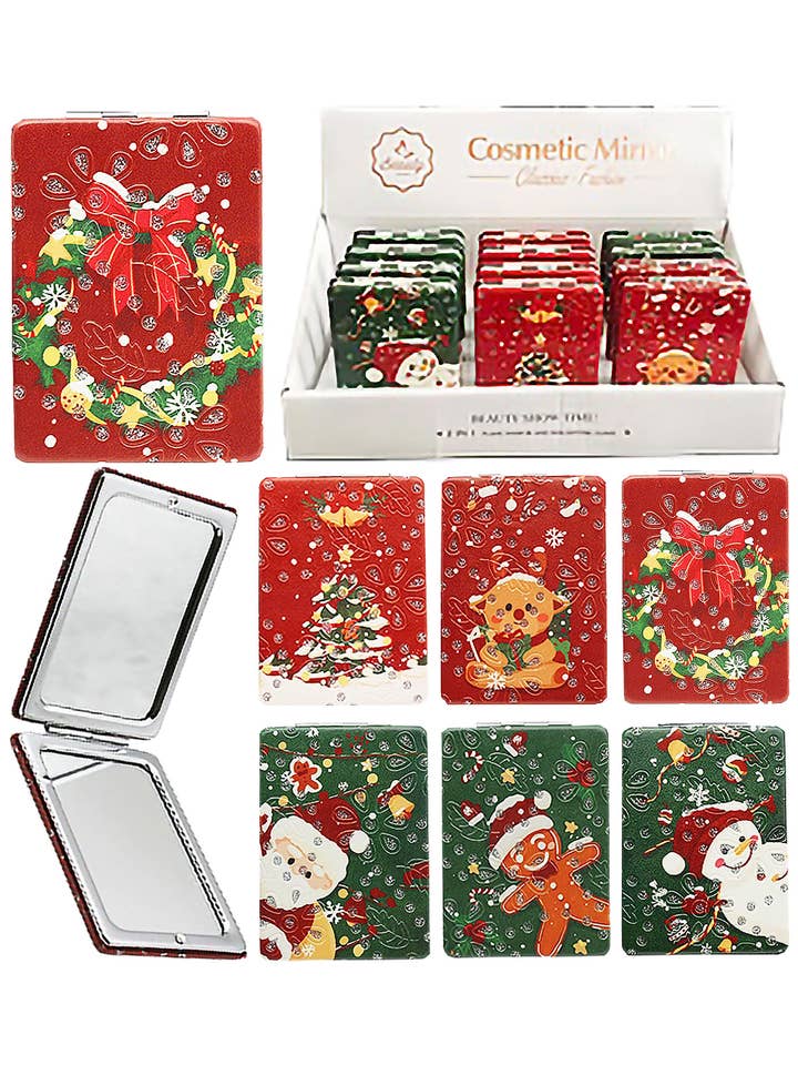 Christmas Glitter Cosmetic Compact Mirror - 12 pcs for wholesale by Cap Zone