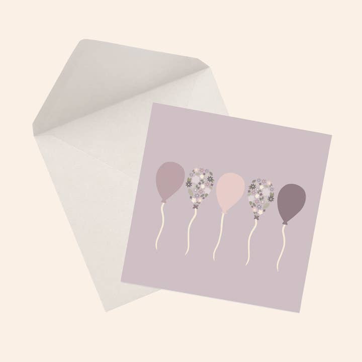 Purple Floating Balloons Greeting Card for wholesale by Flora and Mae Creative