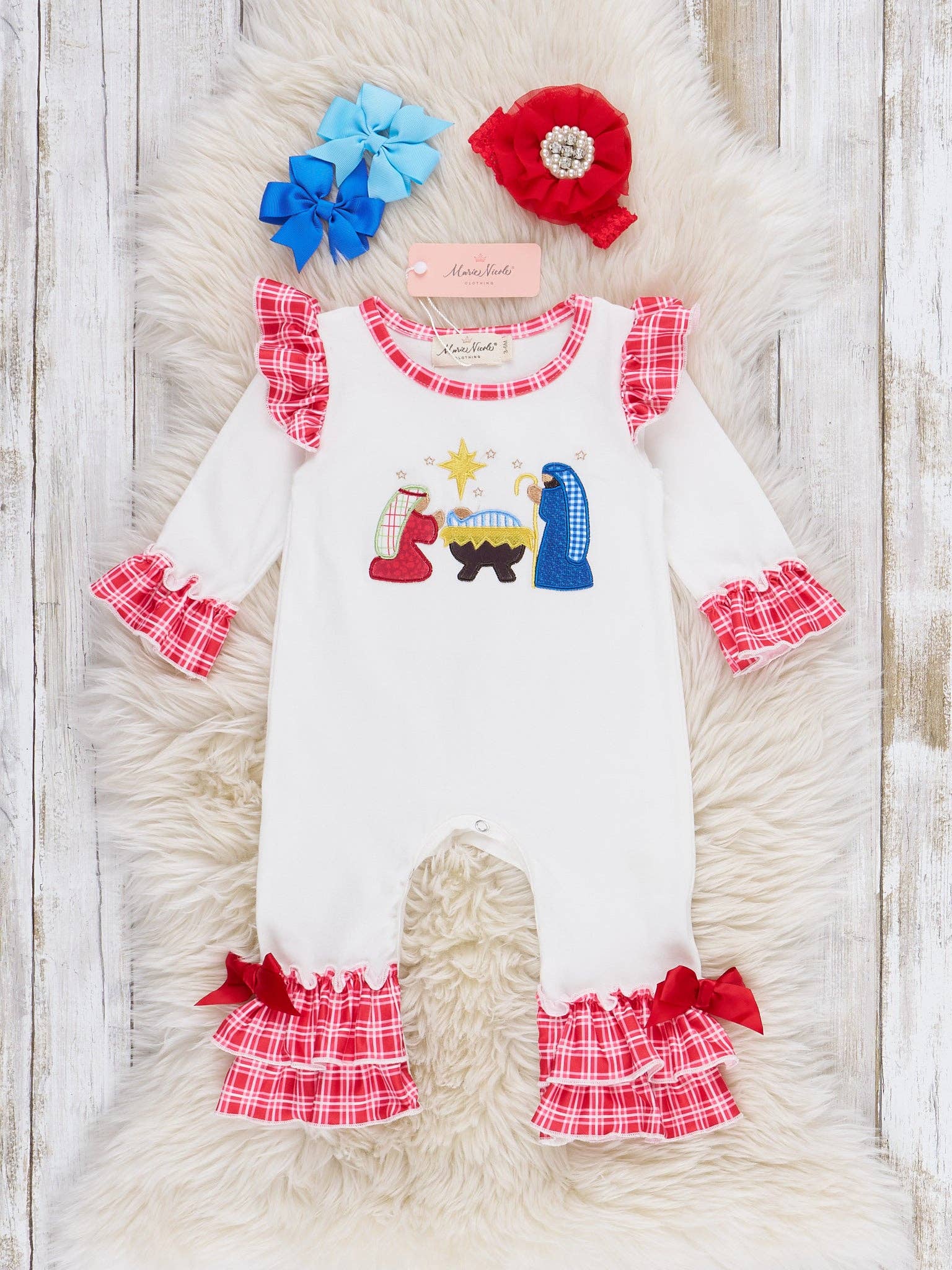 Marie Nicole Clothing - Wholesale Jumpsuit - Baby - Faith & Joy Embroidered Ruffle Romper0