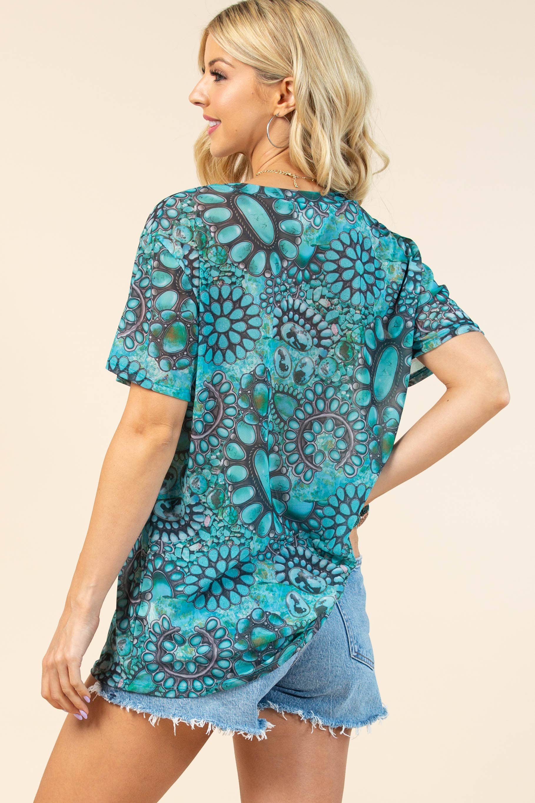 Turkoois AV1288-MARGO HALFDOORSCHIJNENDE TOP VAN MESH MET TURKOOISPRINT voor groothandel op Faire1