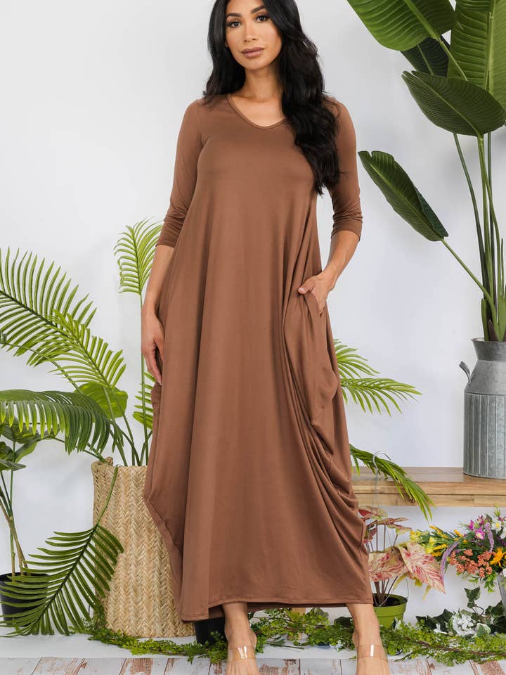 HH645X-SOLID - 3/4 Sleeve Maxi Dress for wholesale by H&H Fashion Inc.