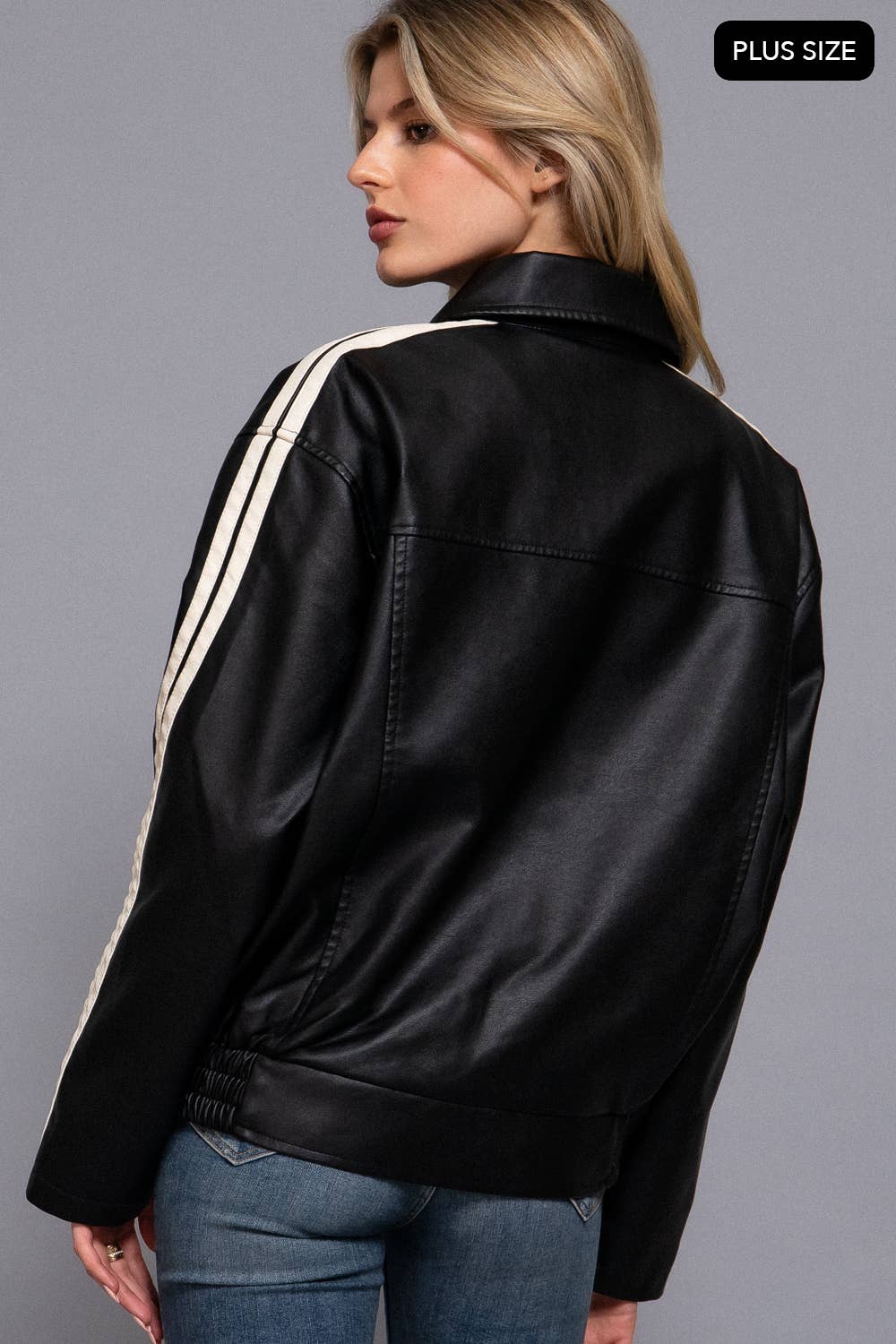 Active Basic | Active USA - Wholesale Leather Jacket - Women's - [PLUS SIZE] Long Sleeve Line Detail Faux Leather Jacket1