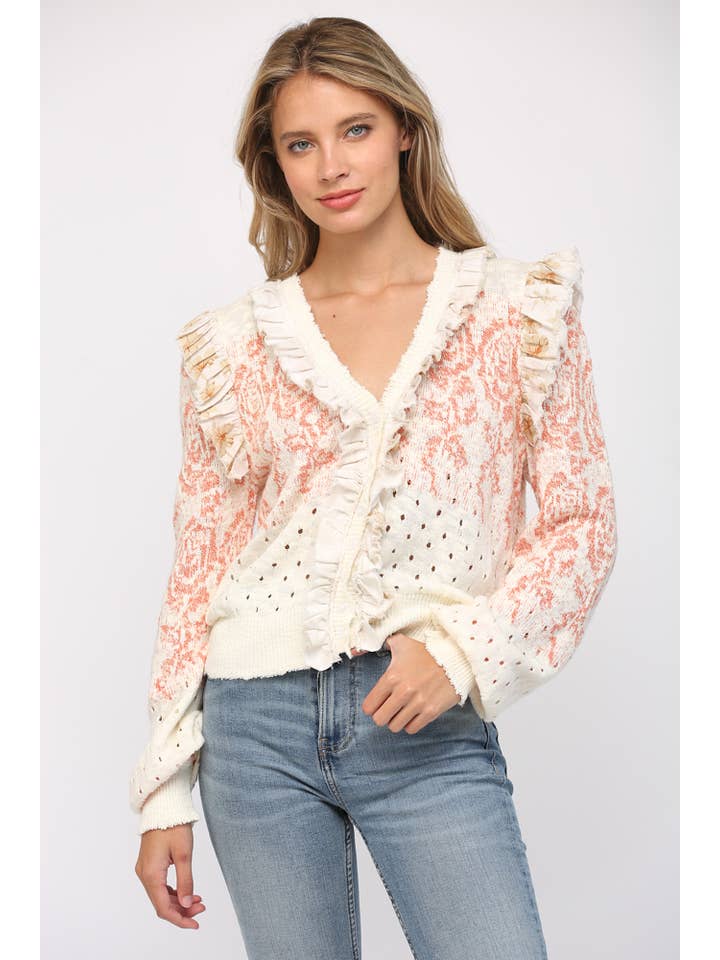 IVORY CORAL YELLOW RUFFLE TRIMMED FRONT BUTTON CLOSURE CARDIGAN FW15099 for wholesale on Faire