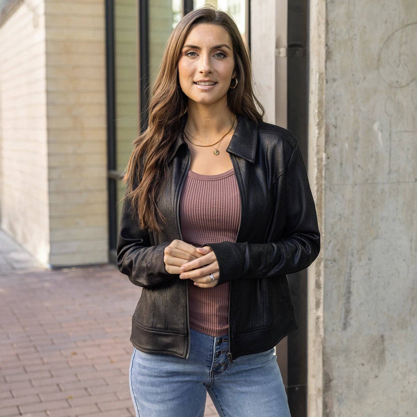 Lightweight Faux Leather Jacket in Black for wholesale on Faire4