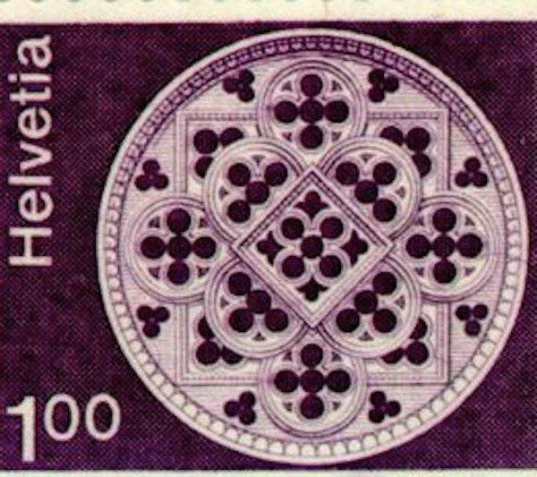 Postage Stamp Jewelry - Wholesale Pendant/Charm Necklace - 1974 Rose Window, Lausanne Cathedral -Swiss Postage Stamp - Postage Stamp Jewelry - Vintage Postage Stamp Necklace - Antique Bronze Finish3