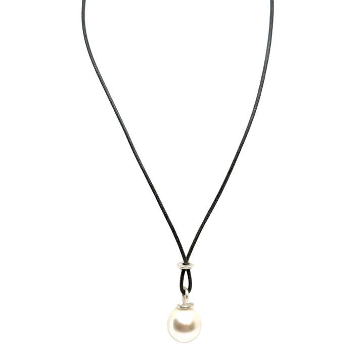 Large Pearl With Criss Cross Design On Grey Linen Cord for wholesale by Deborah Grivas Designs