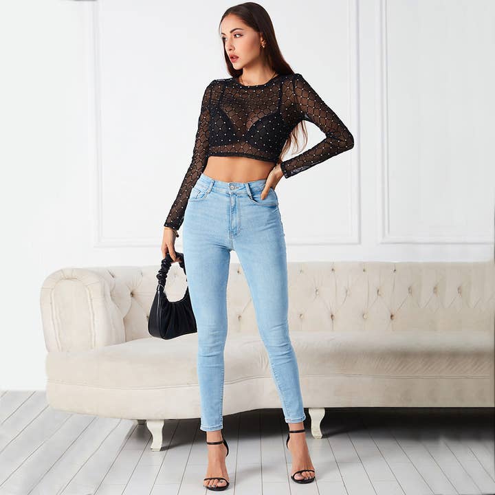 Svart Lady Short Dot Mesh Top Sexig genomskinlig långärmad T-shirt för wholesale på Faire