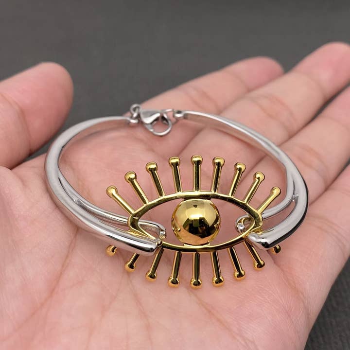 Evil Eye Two Tone 18K Gold Plated Stainless Steel Charm Bracelet - FGS for wholesale by Mio Queena