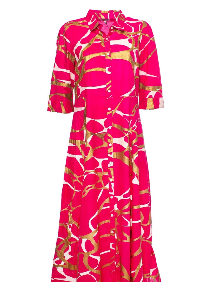 ROBE LONGUE BICOLORE AVEC IMPRIMÉ MÉTALLISÉ ET BRODERIES, 5 G, 100 % COTON pour la vente par Ayfee