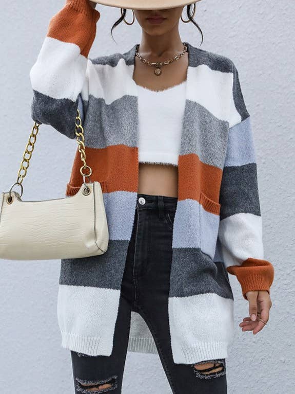 Striped Knitted Jacket Midi Sweater Cardigan for wholesale by Rosa Clothing