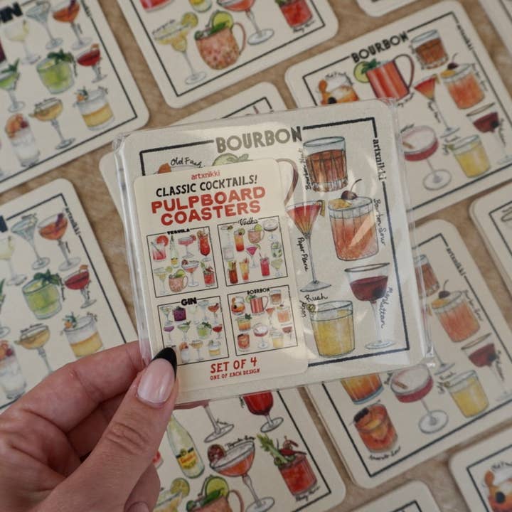 artxnikki - Wholesale Coasters - Classic Cocktail Variety Coaster Set of 4 (Bourbon, Gin, Vodka, Tequila)