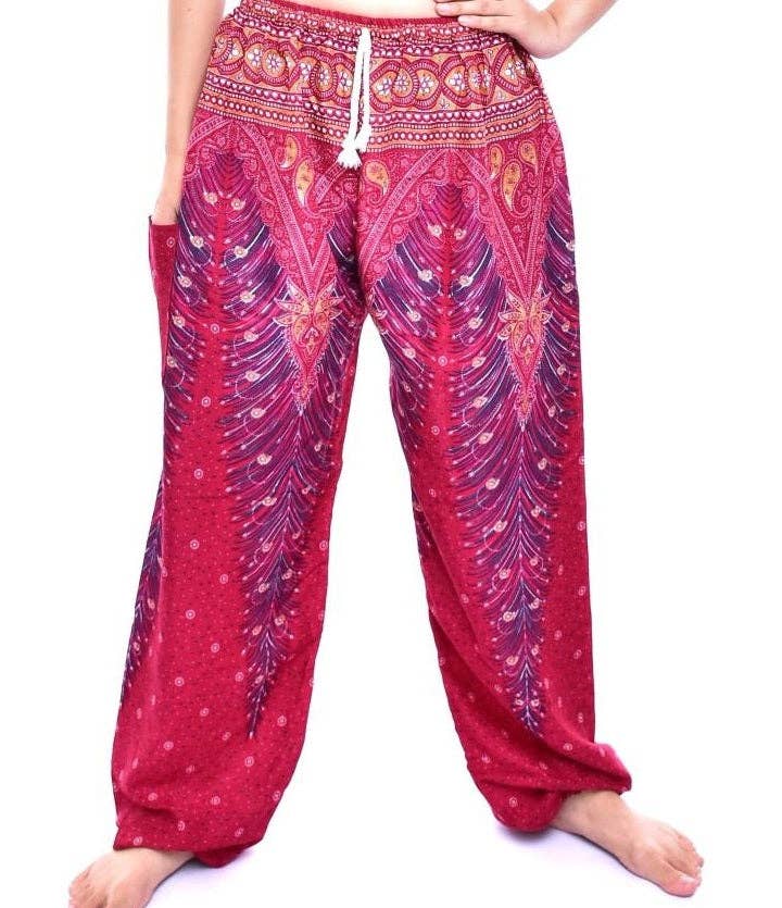 Mens Red Peacock Harem Pants Cord Tie Waist M/L-XL for wholesale on Faire