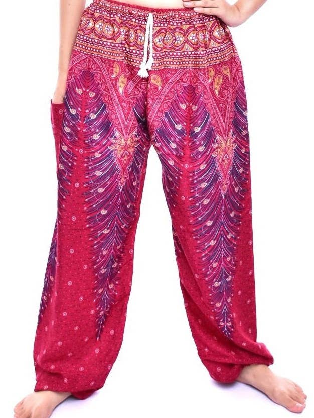 Mens Red Peacock Harem Pants Cord Tie Waist M/L-XL for wholesale by Bohotusk