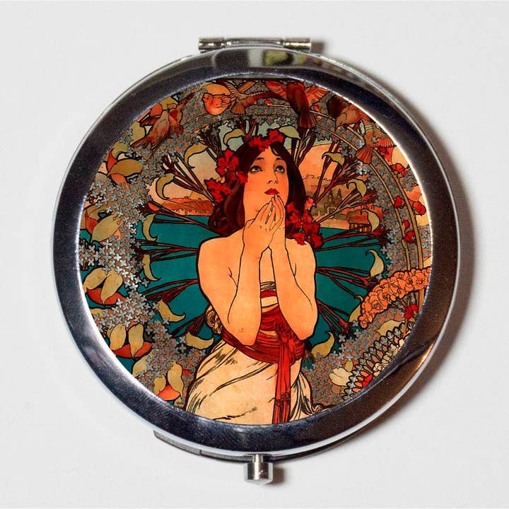 Alphonse Mucha Compact Mirror - Praying Art Nouveau Boho Bohemian Gypsy - Make Up Pocket Mirror for Cosmetics for wholesale by FringePop