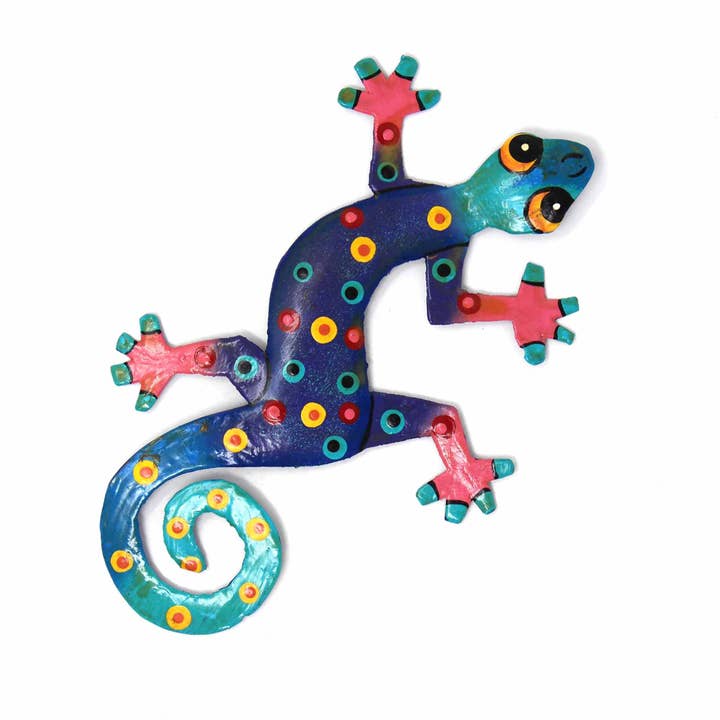 Global Crafts - Wholesale Wall Accent - 8" Painted Metal Drum Art Gecko Wall Hanging, Singe Gecko4