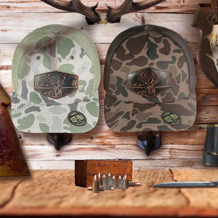 Zep-Pro - Wholesale Trucker Hat - Men's - Buck Old School Camo Trucker Hat. Hand Burnished Full Grain Leather Patch. 5-Panel Richardson 112 Snapback Cap. Stitched Deer Leather Patch.2