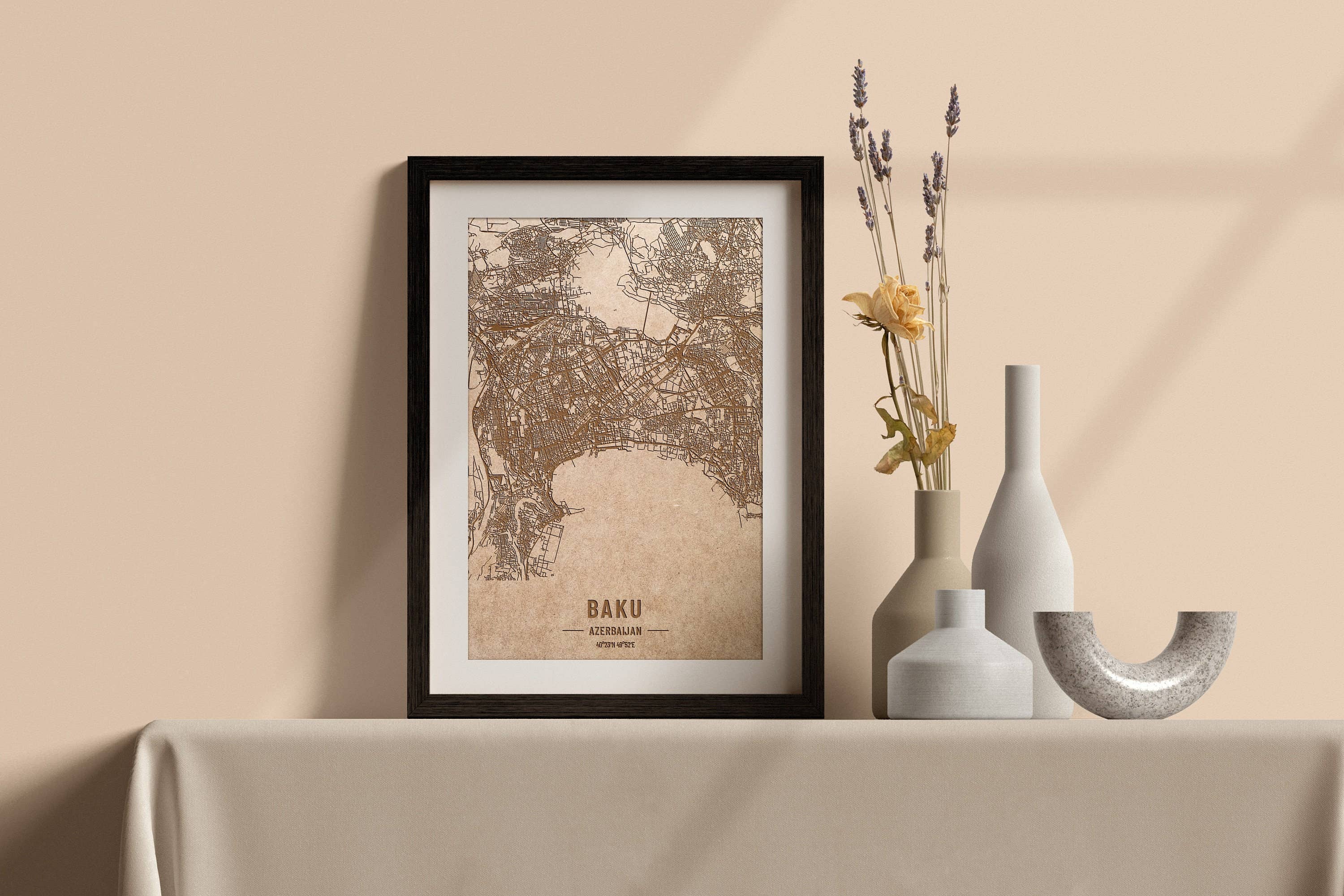 Kustwood - Wholesale Map - Map Of Baku, Azerbaijan, Wood Engraving.0