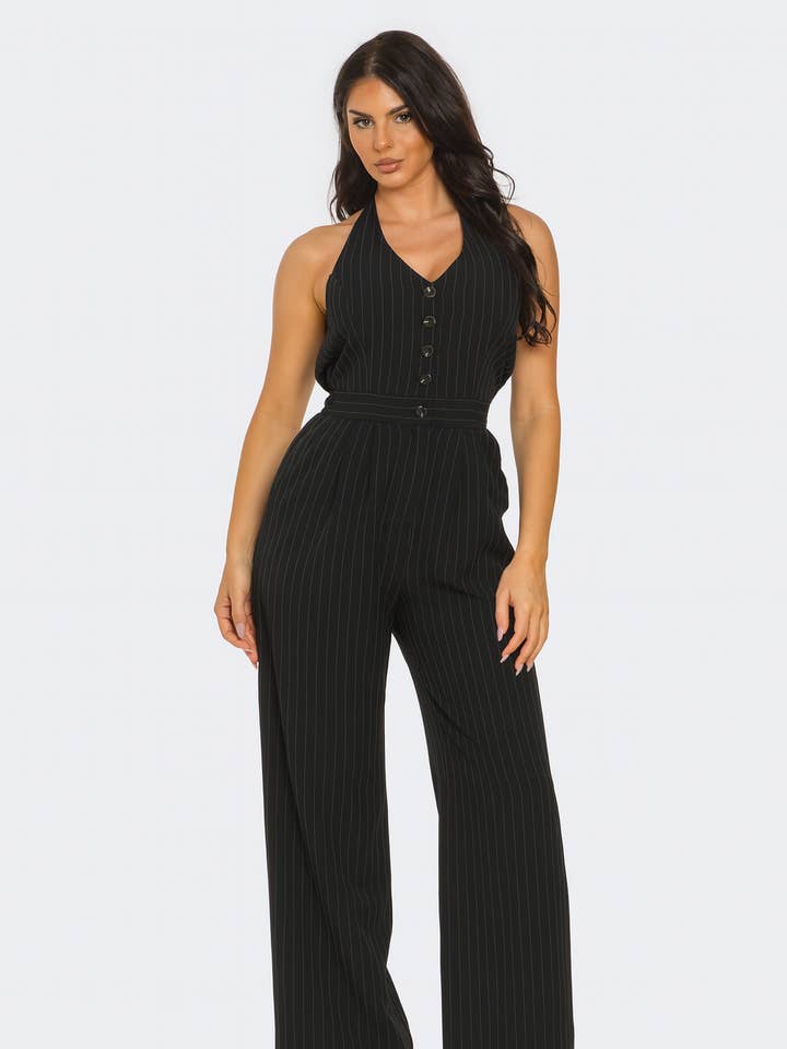 Plus Stripe Button Down Halter Tie Jumpsuits for wholesale by Julia by LoveJ