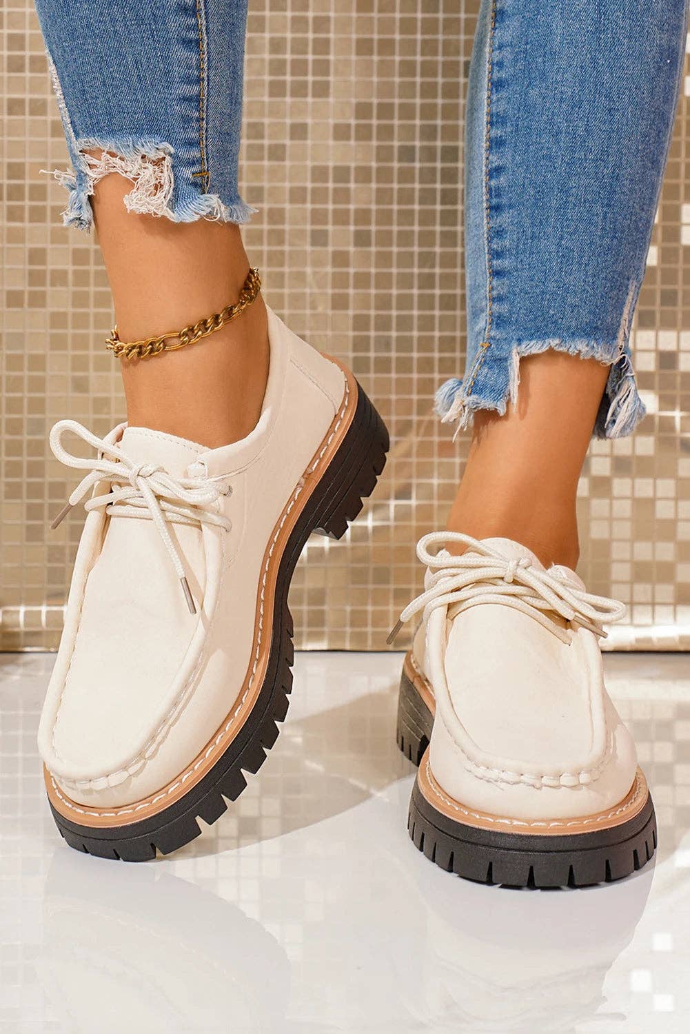 White PU Leather Lace-up Detail Contrast Lug Sole Shoes for wholesale on Faire1