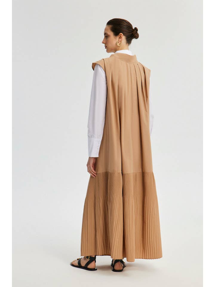 Beige COLLAR TIED PLEATED DRESS for wholesale on Faire