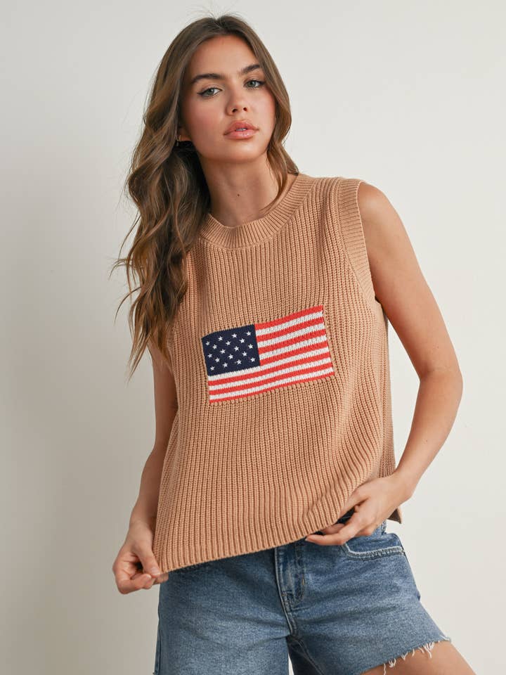 BUTTERMELON - Wholesale Knit Sweater - Women's - Flag Print Knitted Sleeveless Sweater - BMW7749