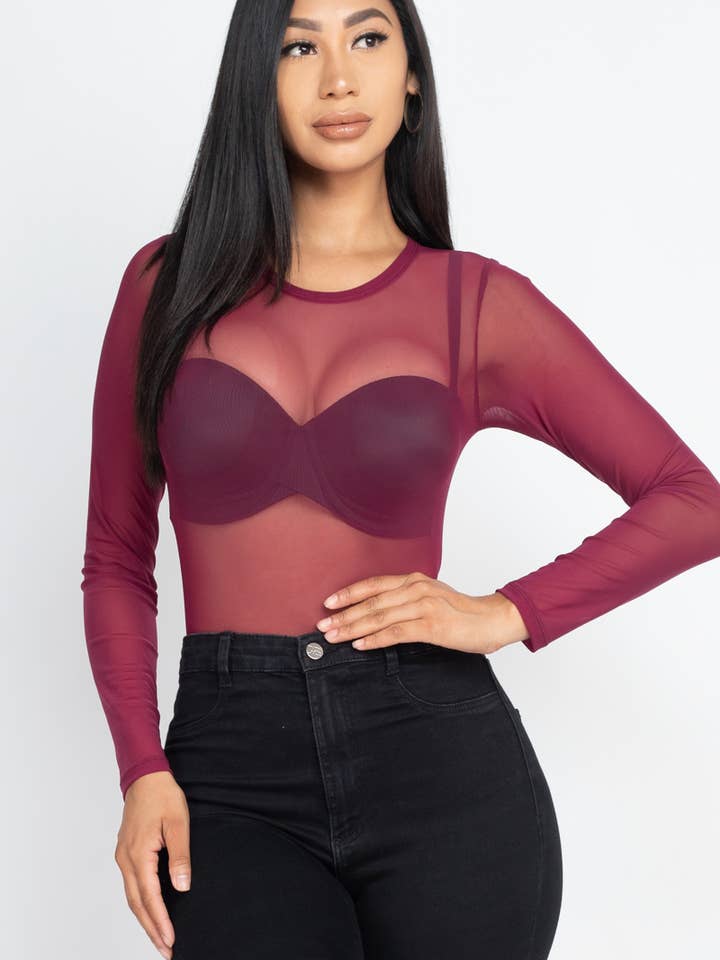 CAPELLA APPAREL - Wholesale Bodysuit - Women's - Mesh Sheer Long Sleeves Bodysuit
