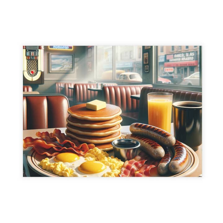 Classic American Breakfast: Pancakes, Eggs, and Sausage Diner Scene Postcard for wholesale by Postcard Circus