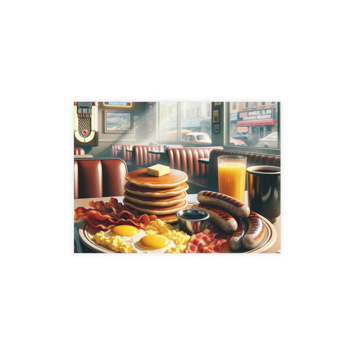 Postcard Circus – Engroshandel Postkort – Klassisk amerikansk morgenmad: Pandekager, æg og pølse Diner Scene Postkort