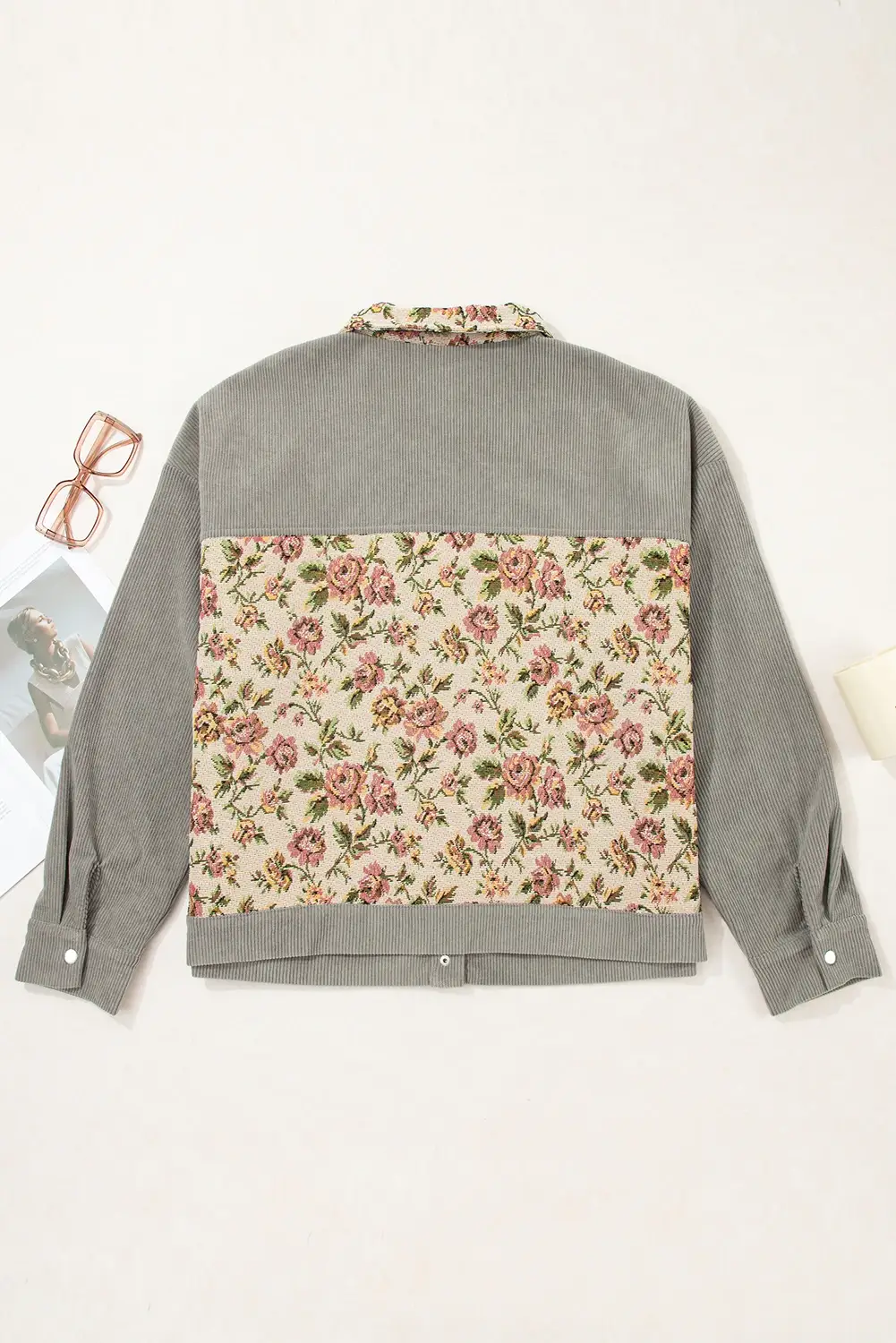 Gris moyen Veste Vintage Patchwork Floral en Velours Côtelé en vente sur Faire3