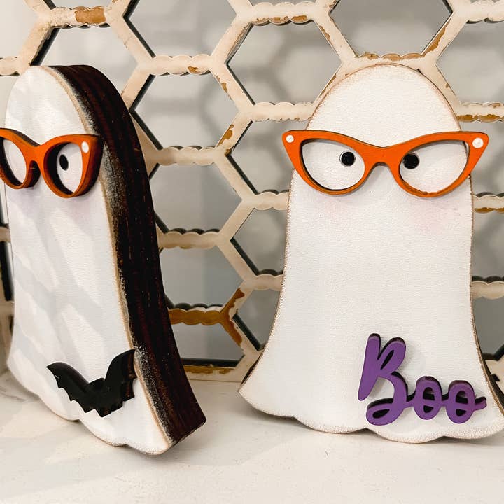 Hollow Grove Designs - Wholesale Decorative tabletop object - Nerdy Ghost Shelf Sitters | Chunky Ghost Tiered Tray Decor | Halloween Accents3