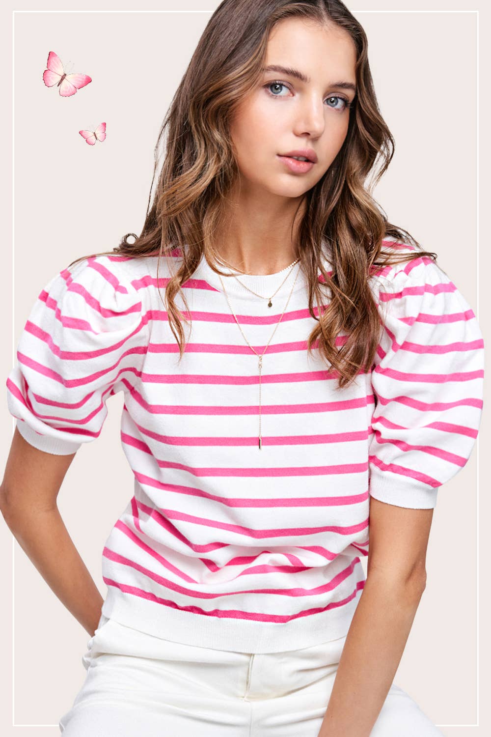 La Miel – Engroshandel Strikket top - Dame – JCS3562-letvægts Puff kortærmet stribet stribet top6