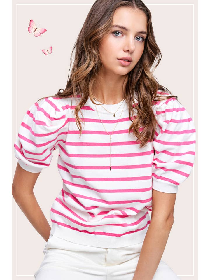 La Miel - Wholesale Knit Top - Women's - JCS3562-Lightweight Puff Short Sleeve Stripe Knit Top6