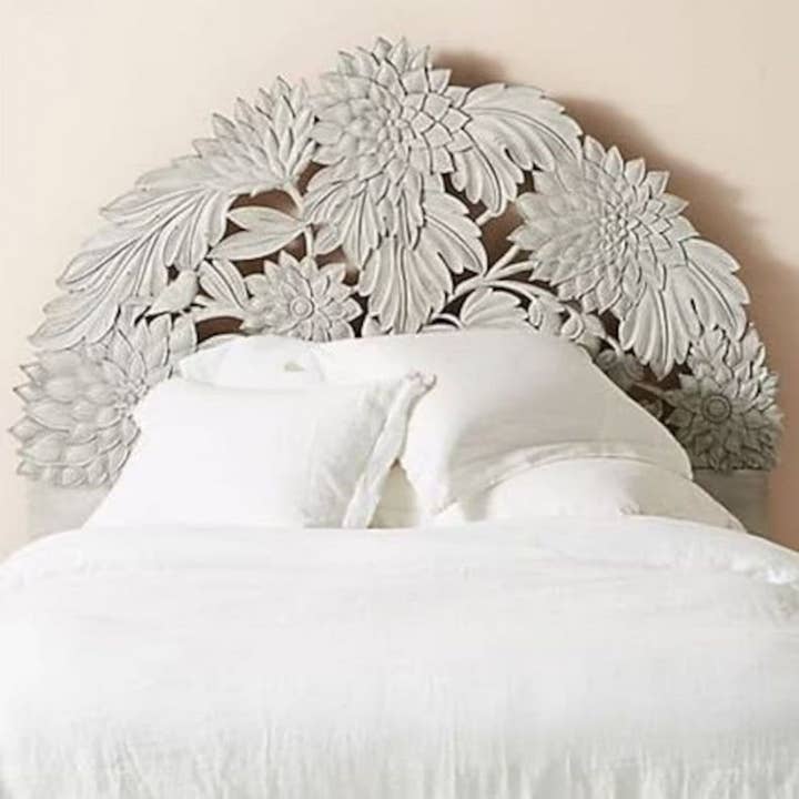 Handmade Carved Bed Headboard Bohemian Half Moon Lotus Decor Boho for wholesale by Crafted Fashions