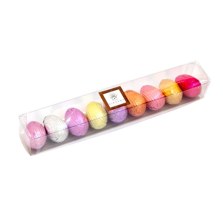 9 Pc. Foil-Wrapped assorted Easer Eggs in a cello Box for wholesale by Belgium's Chocolate Source