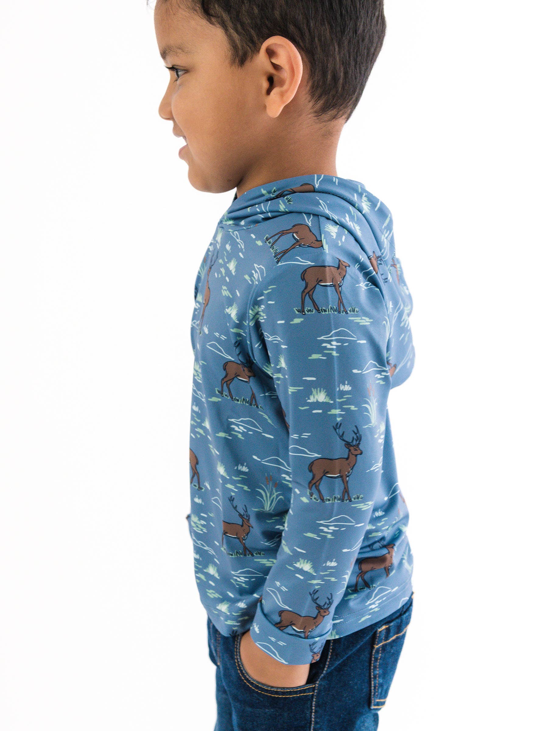 Blue Boys Deer Antler Adventure Performance Hooded Shirt for wholesale on Faire4