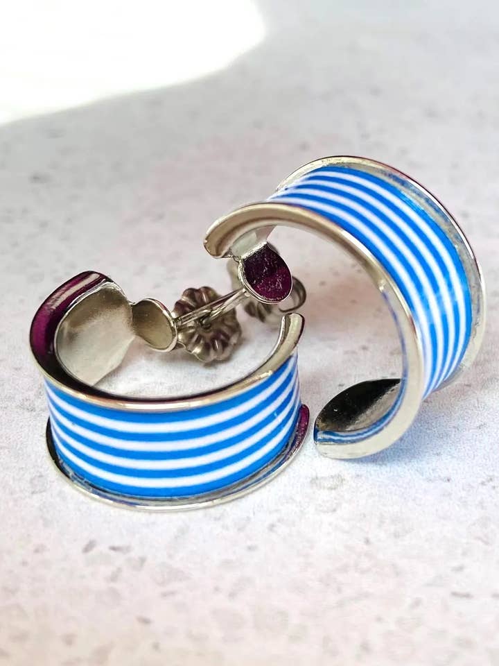 Blue White Striped Hoop Earrings - Summer Jewelry, Geometric for wholesale by Nifty Gifty Shop