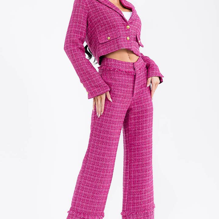 3314- Conjunto de 2 piezas: blazer corto de tweed y pantalones de pierna ancha para venta al por mayor de IWT Brands