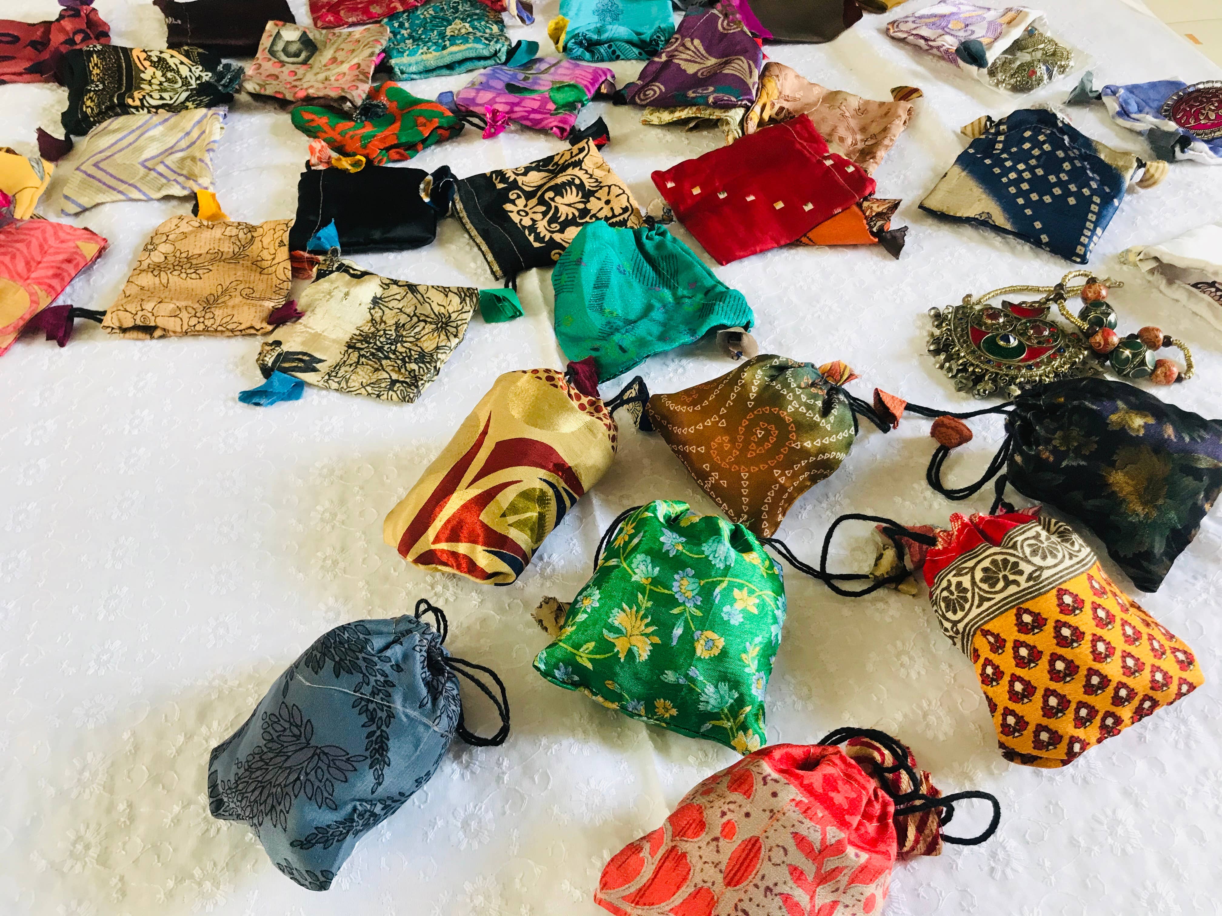 Meghcraft - Wholesale Gift Bag - Malibu Upcycle Silk Jewelry Drawstring Bag-Gift Bag Pack3