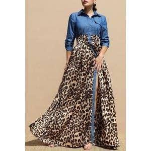LEOPARDO Vestido maxi com parte superior em denim e saia com estampa de leopardo para venda a revendedores na Faire1