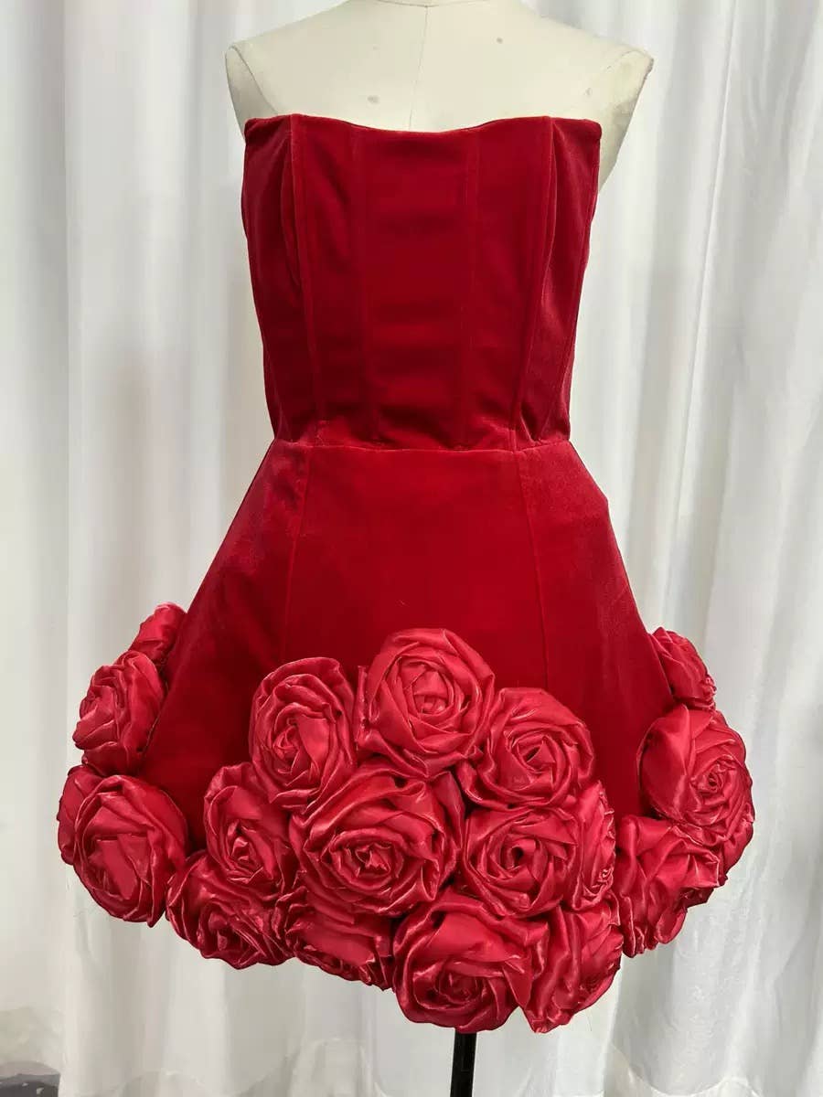 Black DR439 Style Tube Top Dress with 3D Floral Hemline for Women for wholesale on Faire19