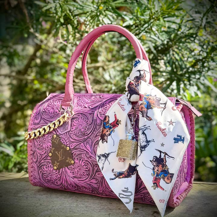 Upcycled LV Tooled Pink Leather Speedy Crossbody Bag Western for wholesale by Southern Junkie Gypsy Boutique